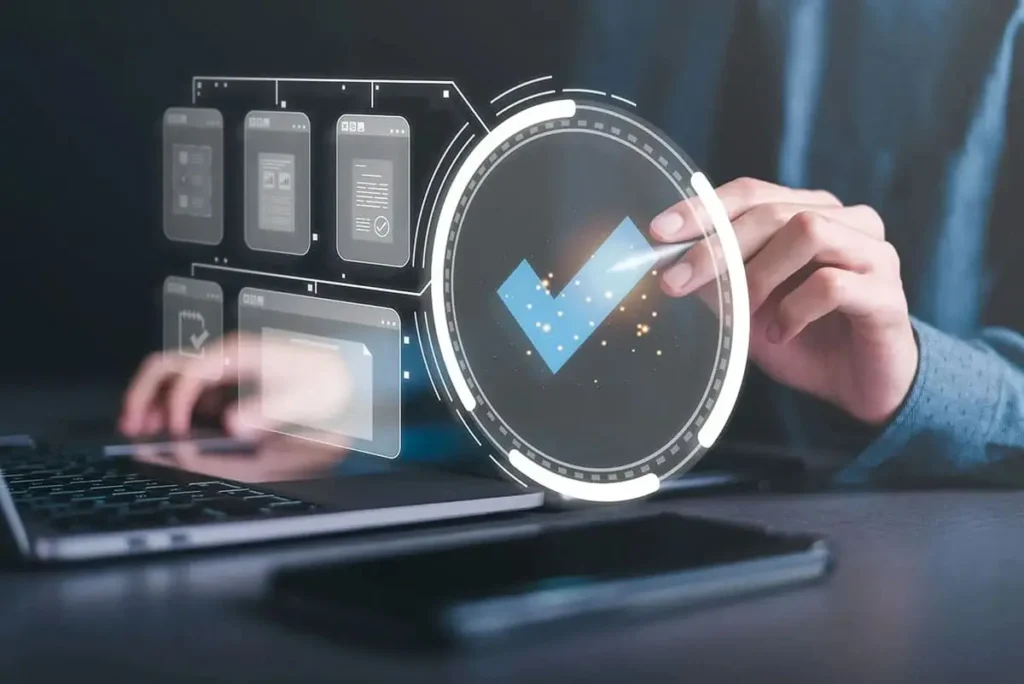 Публічні договори - ілюстрація згоди: людина за ноутбуком з футуристичним голографічним інтерфейсом проставляє галочку