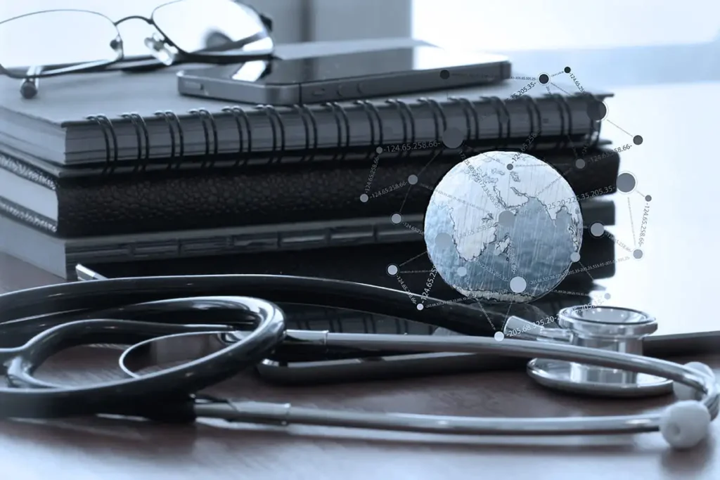 stethoscope and texture globe with digital tablet as medical