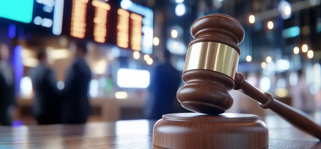 Аукціонний молоток на столі, на задньому плані — розмиті фігури в костюмах та підсвічені екрани - продовження договору оренди комунальної нерухомості без аукціону