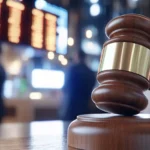 Аукціонний молоток на столі, на задньому плані — розмиті фігури в костюмах та підсвічені екрани - продовження договору оренди комунальної нерухомості без аукціону